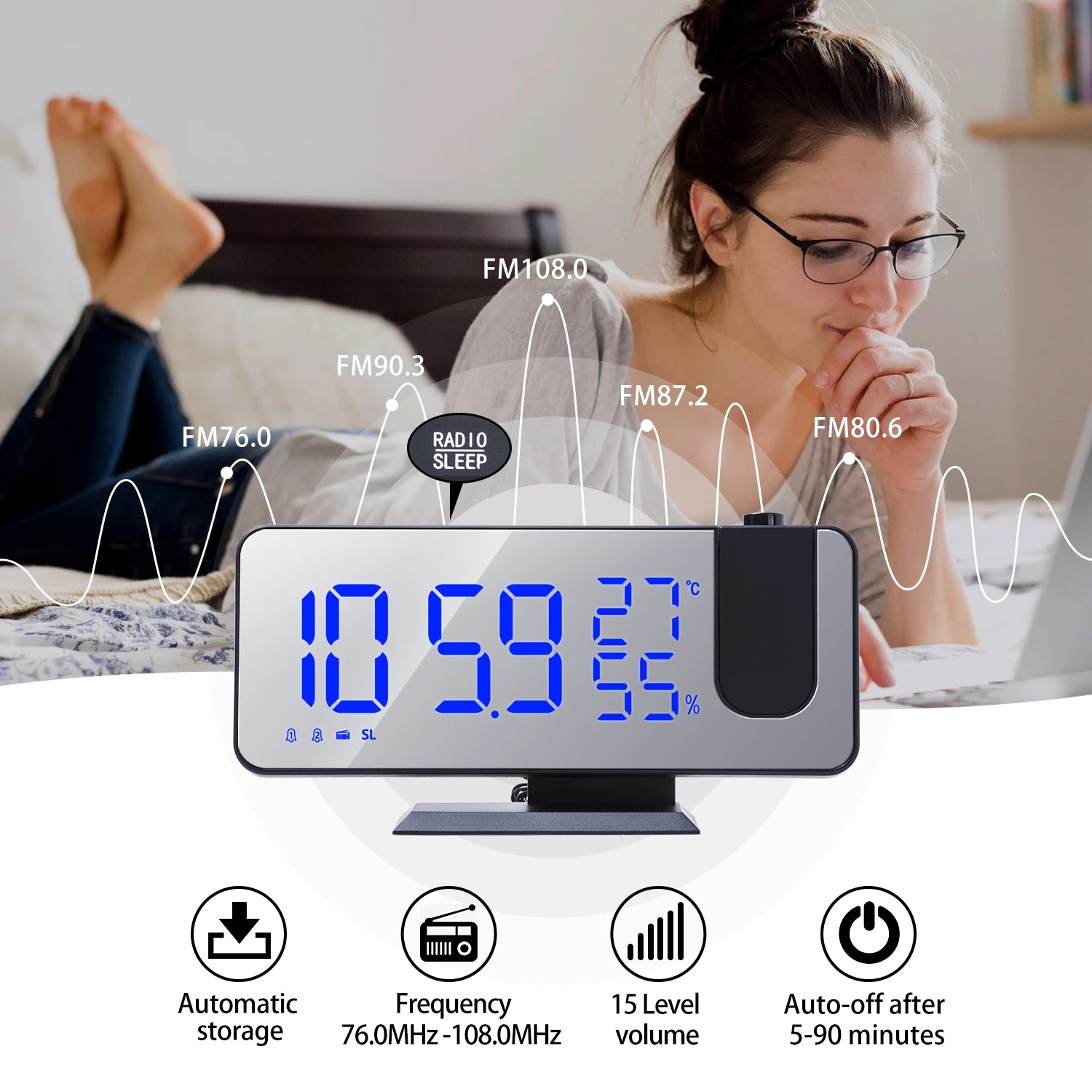 Réveil à projection numérique Fm Radio Réveil Projecteur Led Électronique Bureau Réveil Chiffres avec 180 Temps Projecteur Snooze
