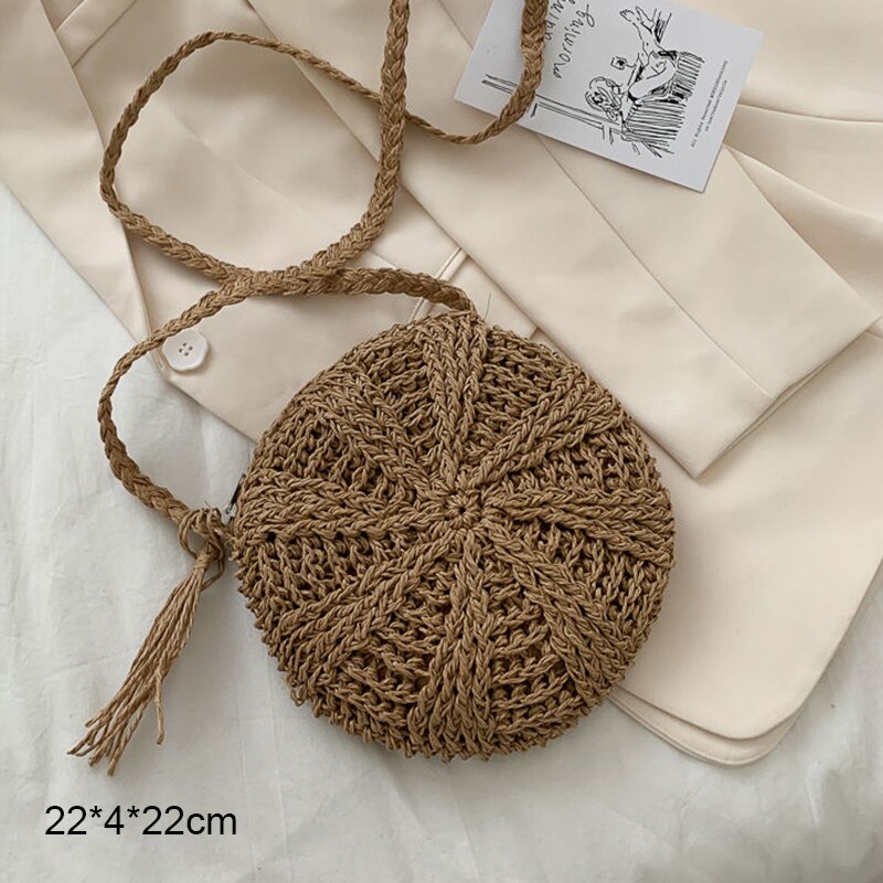 Ronde Stro Strandtas Vintage Handgemaakte Geweven Schoudertas Raffia Cirkel Rotan Zakken Bohemian Zomervakantie Casual Tassen: Brown 2