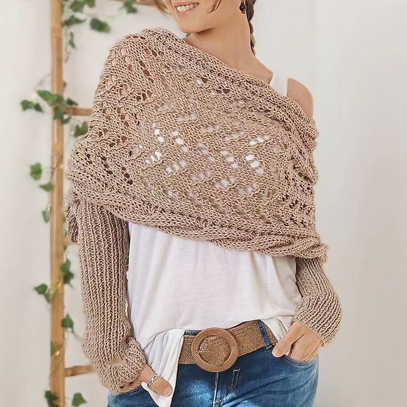 trenzado, envoltura de manga con mangas, Color sólido, patrón de ganchillo con giro hueco, chal para mujer, bufanda, suéter de estilo bohemio