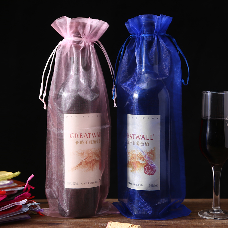 Organza wijnzakken met trekkoord, huwelijkscadeauzakje in paars rood goud roze bungurdy champagnefleshouder, feestevenementbenodigdheden