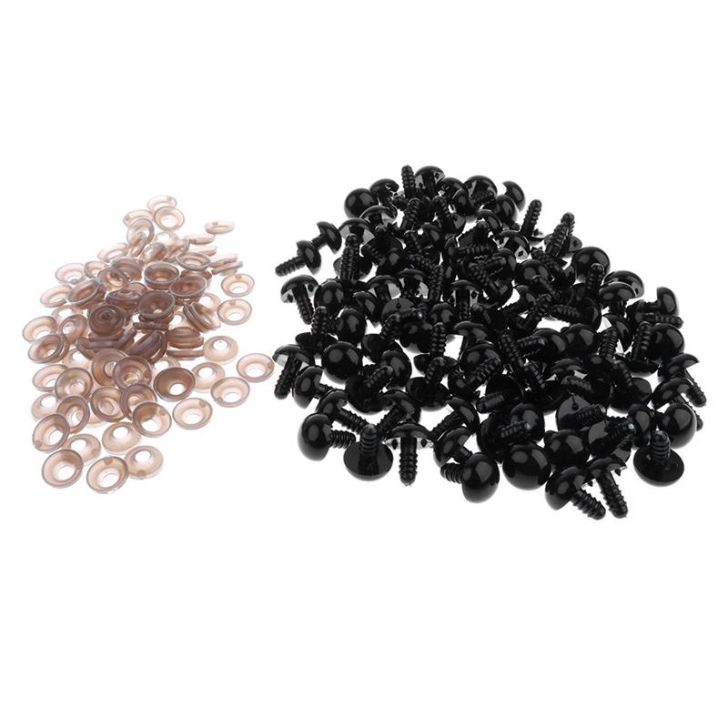 100 stycken svarta dockögon säkerhetsögon plastögon med skivor  -10mm
