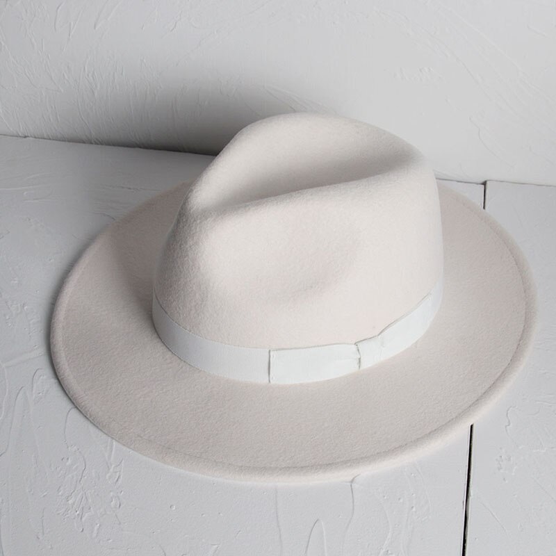100% Wol Vrouwen Wit Fedora Hoed Met Wedstrijd Brede Rand Jazz Hoed Lady Vilt Kerk Hoed Maat 56-58cm: White6