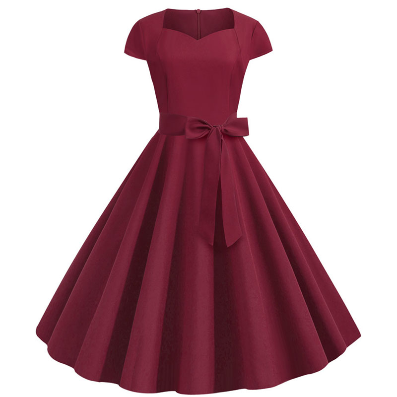 Summer Women's Dress Short Sleeve Solid Vintage Retro Big Swing Office Party Midi Sundress