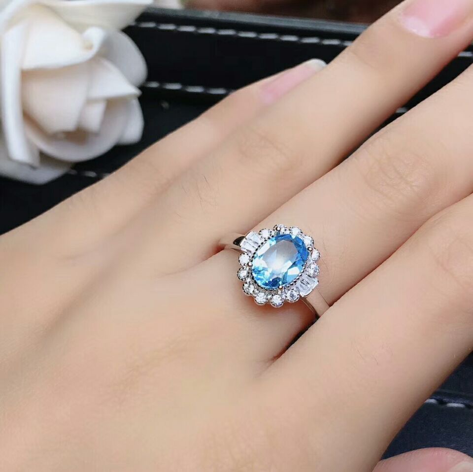 MeiBaPJ Sehr SchöNe Natürliche Himmel Blau Topas Edelstein Schmuck einstellen 925 Reinem Silber 3 Stück Anzug Hochzeit Schmuck für Frauen: Ring