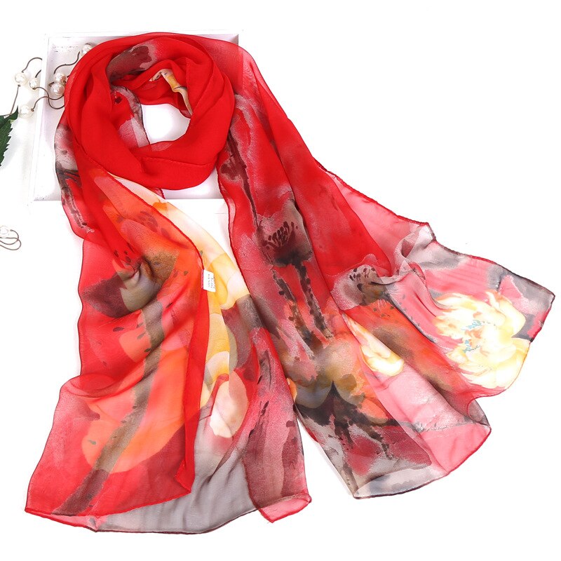 Dames foulard chiffon georgette bandana sjaal inkt lotusbloem print lange sjaal zomer wikkel dame dun ademend: Rood