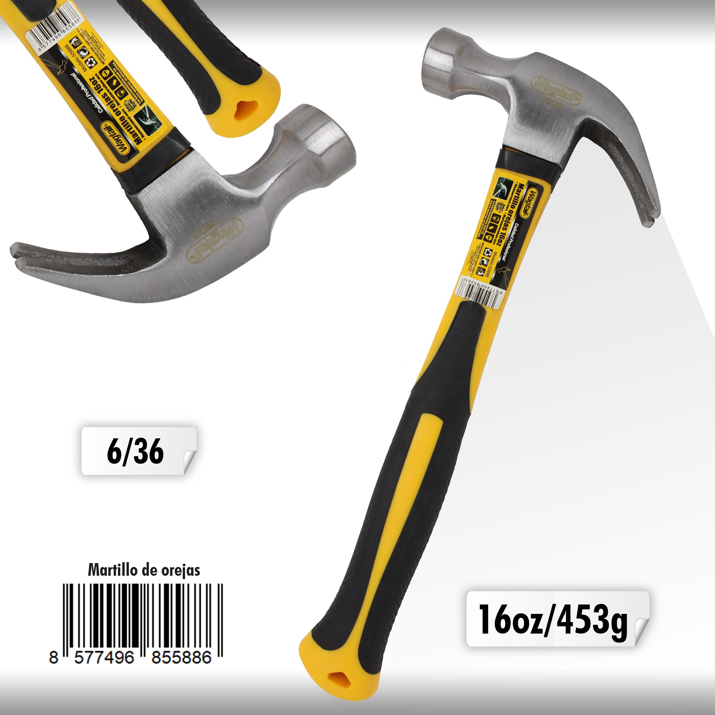 Wagtail Martillo de carpintero, martillo de orejas con mango de fibra de vidrio, martillo de clavos, martillo de garra, herramientas taller mecanico, herramientas de mano, herramientas carpinteria: 454g (16oz)