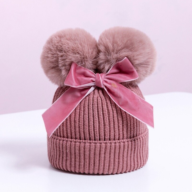 Chapeau d'hiver à Double pompon pour enfants | Chapeau avec nœud, casquette Crochet, chapeau et épais, chapeaux pour bébés: pink