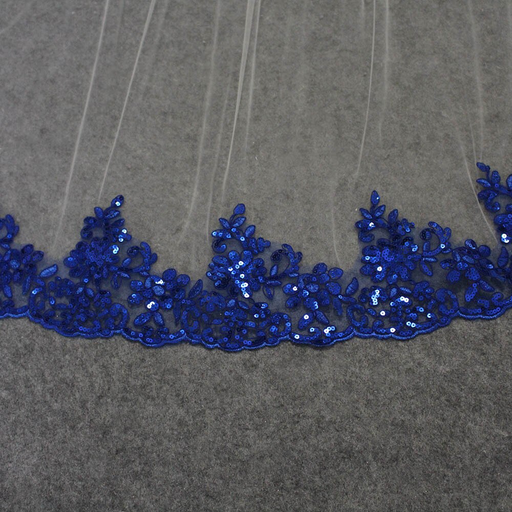 Velo de novia de encaje azul real, velo largo de tul suave blanco marfil, 3 metros de velo de novia con encaje de lentejuelas, accesorios de boda Welony