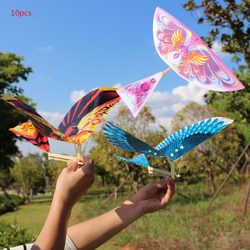 Hbb 10 Stuks Elastische Rubberen Band Aangedreven Vliegende Vogels Kite Funny Kids Speelgoed Outdoor Windmolen Willekeurige Kleur