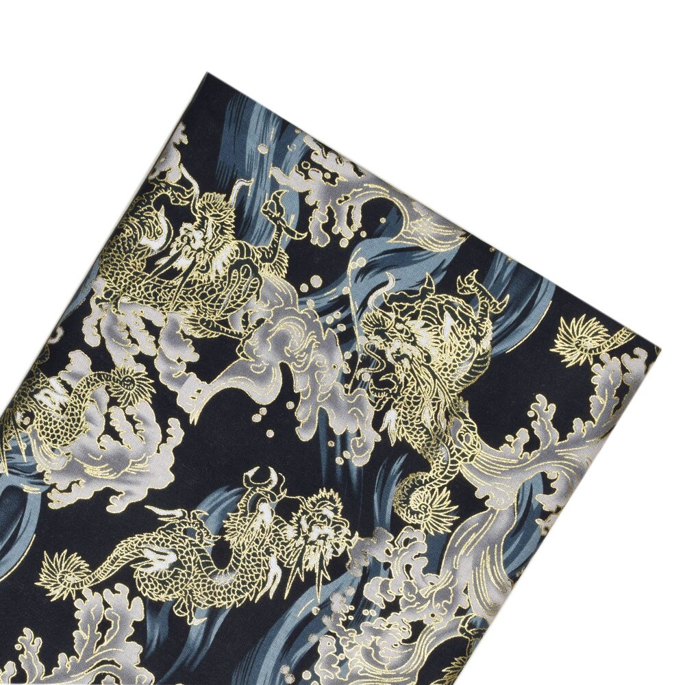 Printed Bronze Dark Blue Cotton Fabric, Japanese Style Dragon Fabric For Kimono Cheongsam, Home Textile DIY Bag Doll Material
