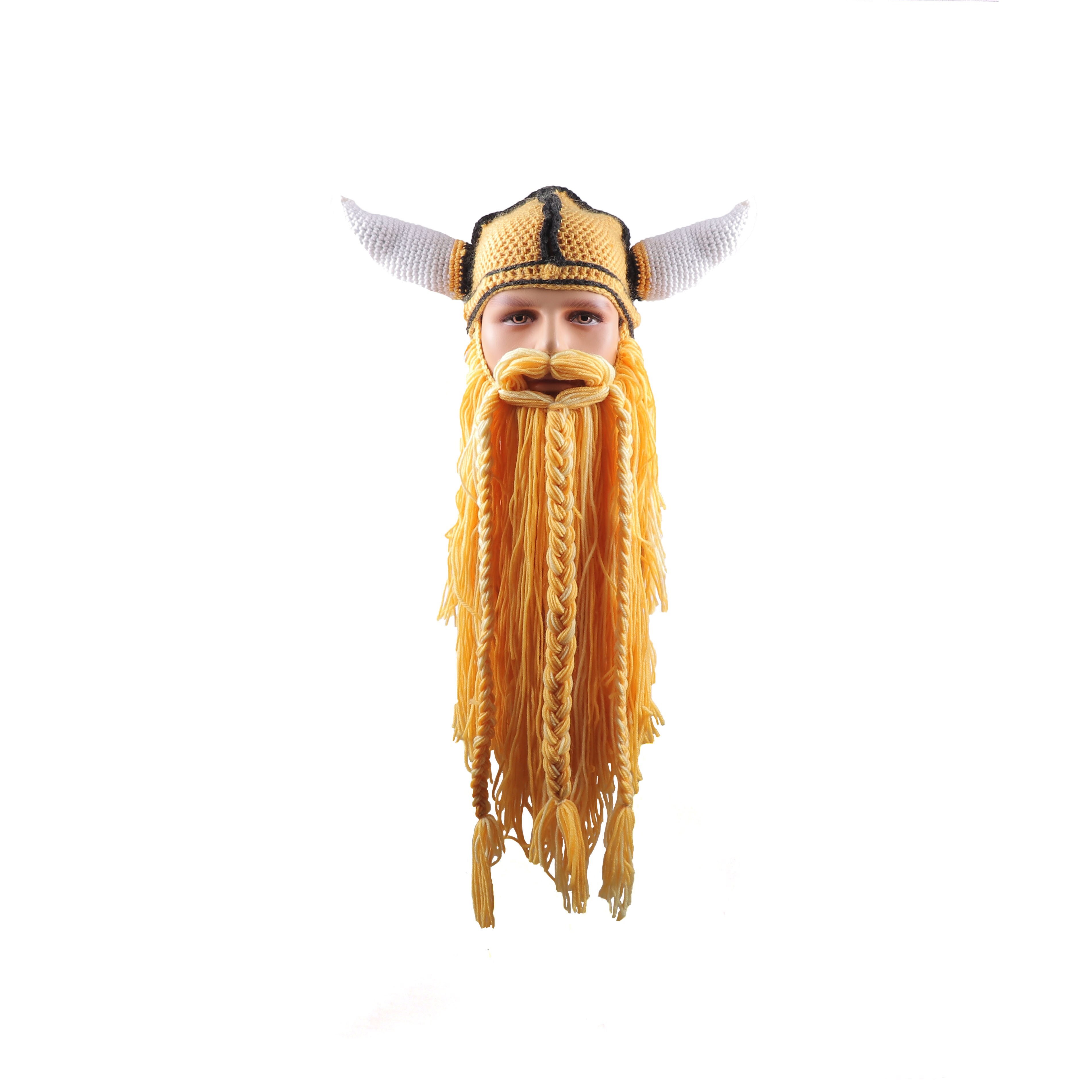 Men's Barbarian Vagabond Viking Beard Beanie Horn Hats Handmade Knitted Winter Warm Caps Funny Halloween Mask Cosplay H9: 6