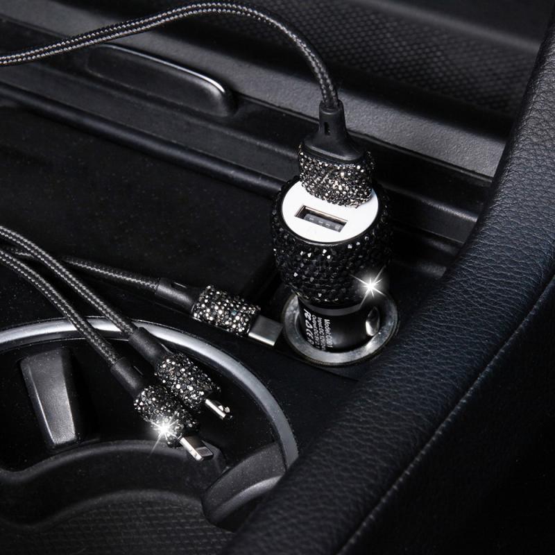 Cargador USB Dual para coche, accesorio para teléfono móvil, tableta, GPS, Cable de diamante de cristal, encendedor de cigarrillos, con Cable USB para teléfono: Black Charger