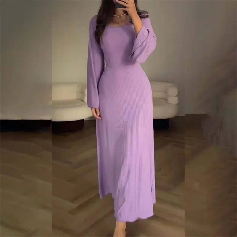 2024 Elegante Dünne Kleider Frauen Zurück Spitze-hoch Kleid Einfarbig Gestrickte Grube Streifen Kleid Herbst Langarm weibliche Kleid: XL / Lila