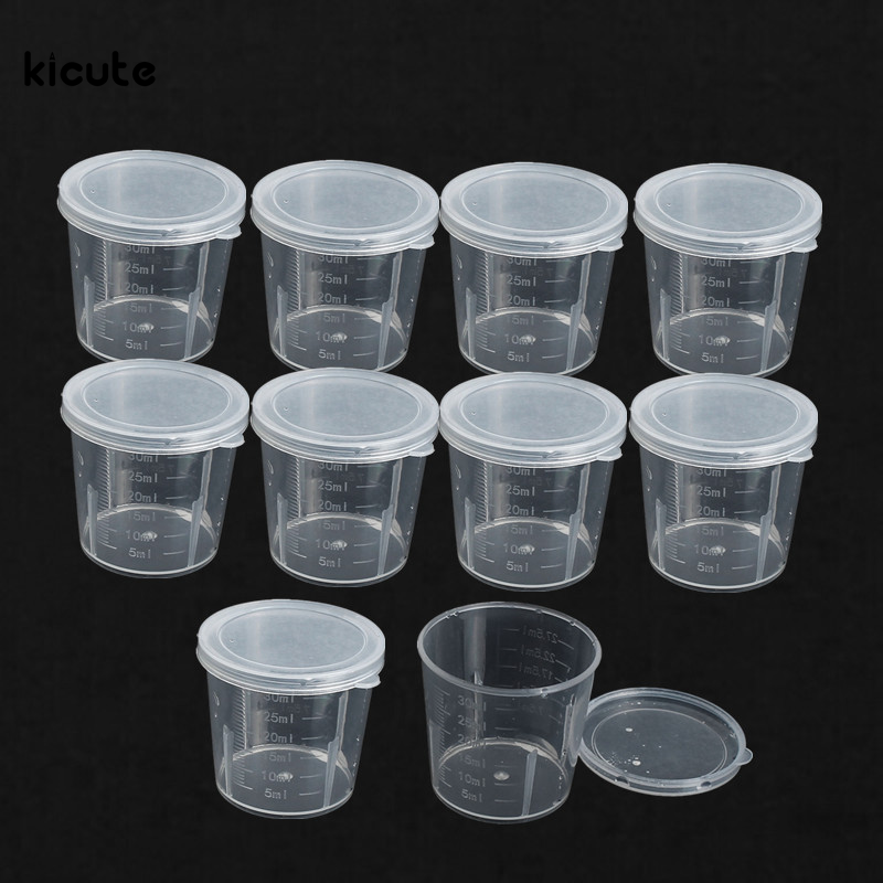 10 stks/partij Plastic Afgestudeerd Laboratorium Fles Lab Test Meten 30 ml Container Cups met Cap Plastic Liquid Maatbekers