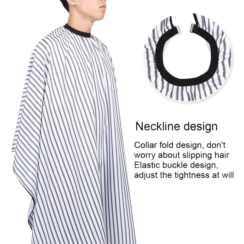 Kapperschort, zwart-wit gestreepte, lichaamsbedekkende kappersschort, geschikt voor een knipbeurt in de salon of thuis