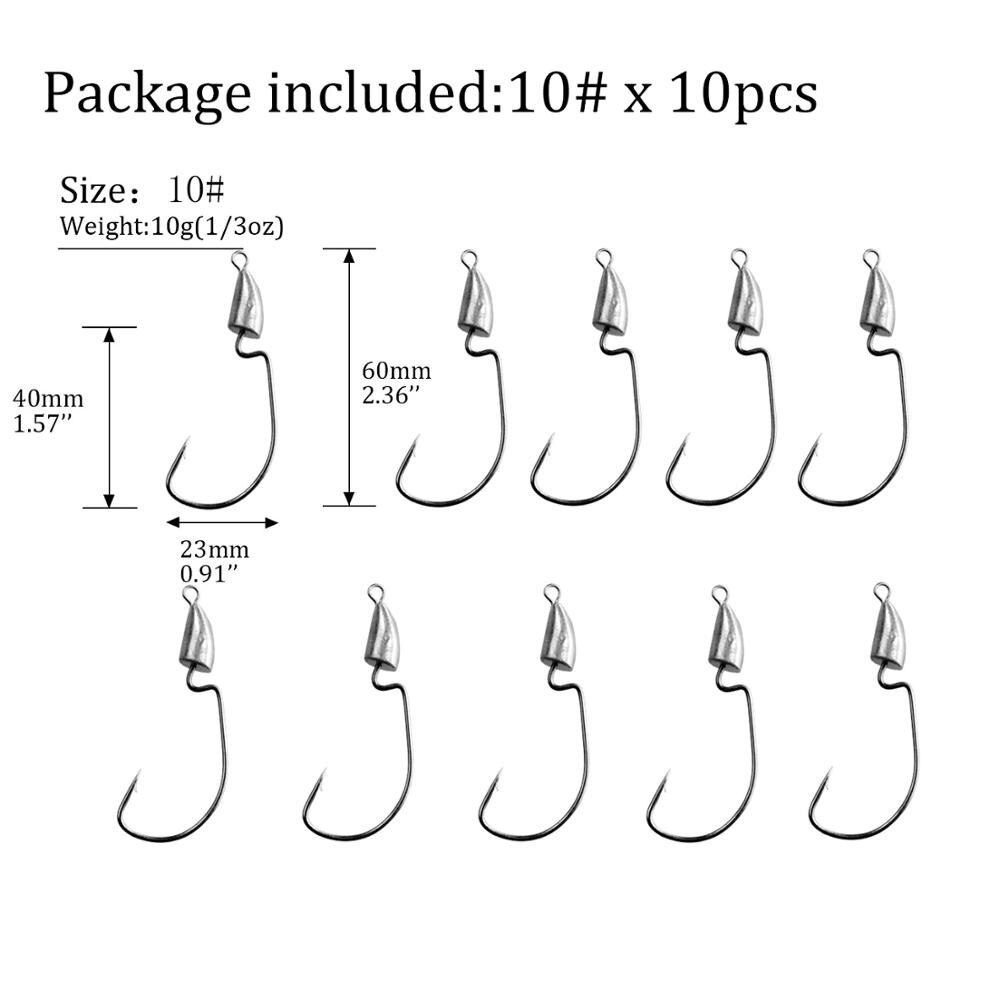 Lot de 10 têtes plombées pour la pêche de 5g 7g 10g et 14 g, crochets, ver, hameçon, accessoires, argent, Bullet Jig Head, montage texan: 10pcs 10g hook