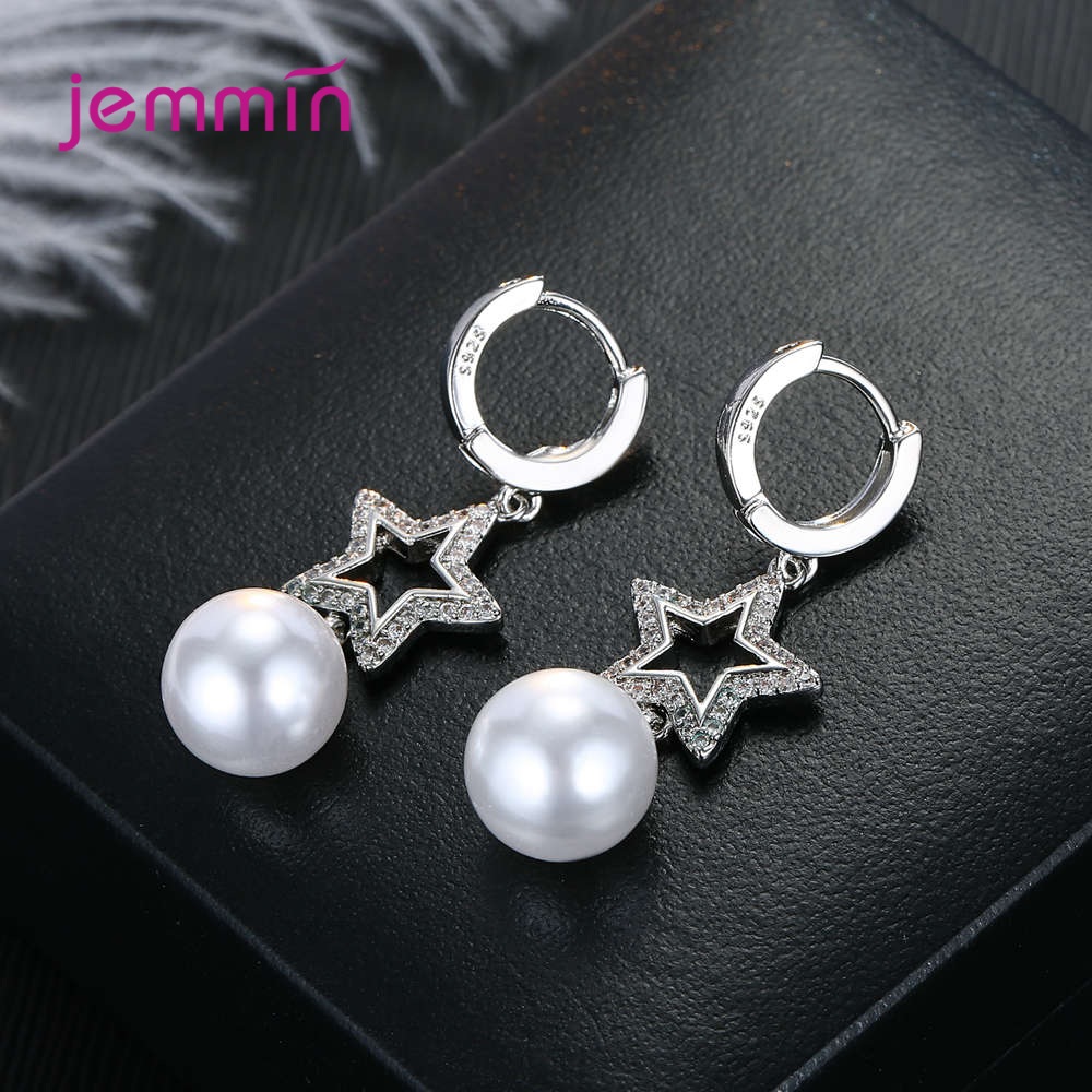 Vrouwen Verklaring 925 Sterling Silver Shimmer Sieraden Sets Parel Kubieke Zirkoon Kettingen Vijfpuntige Ster Doorstoken Oorbellen