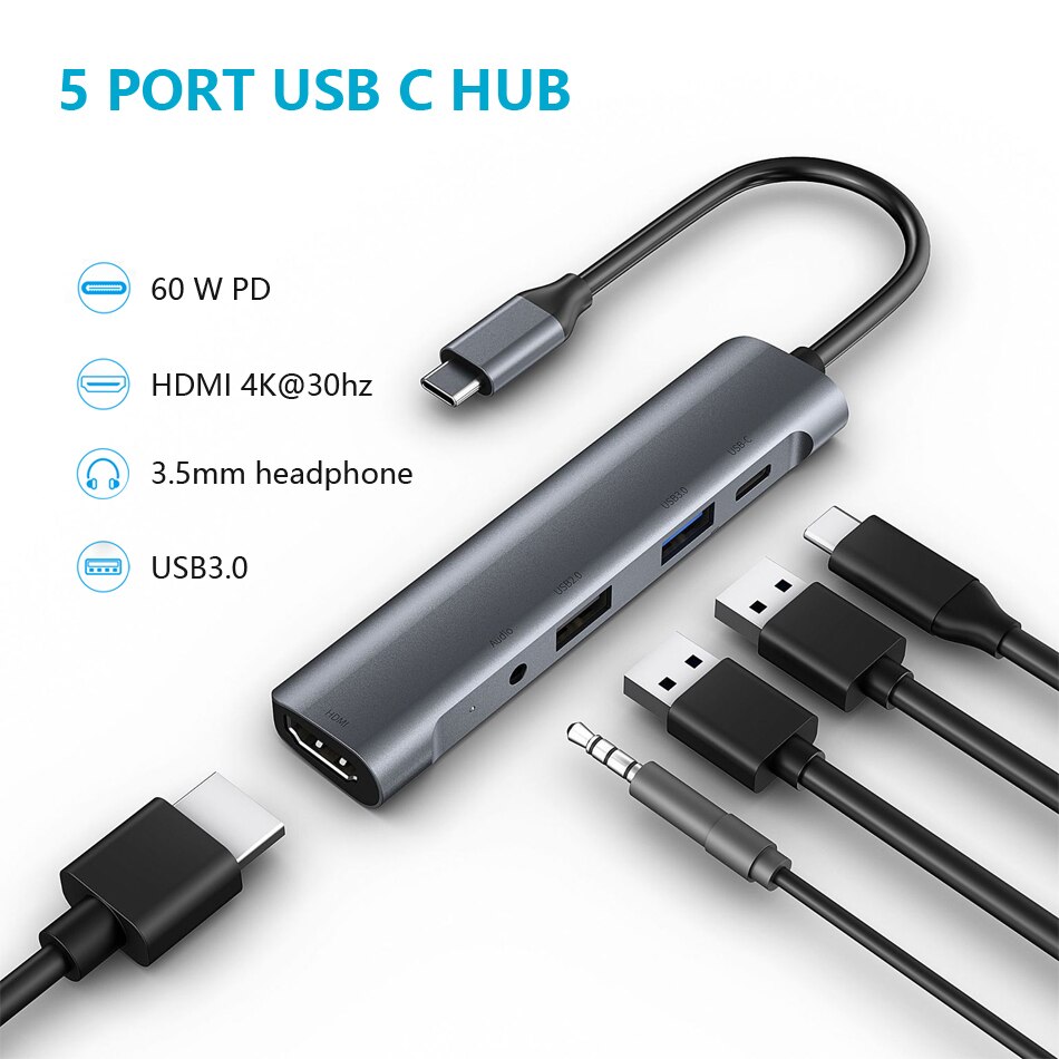 Usb C Hub Type C Adapter Naar Hdmi 4K Usb 3.0 3.5Mm Jack Hoofdtelefoon Pd 60W Type C Docking Station: WITH 3.5MM JACK