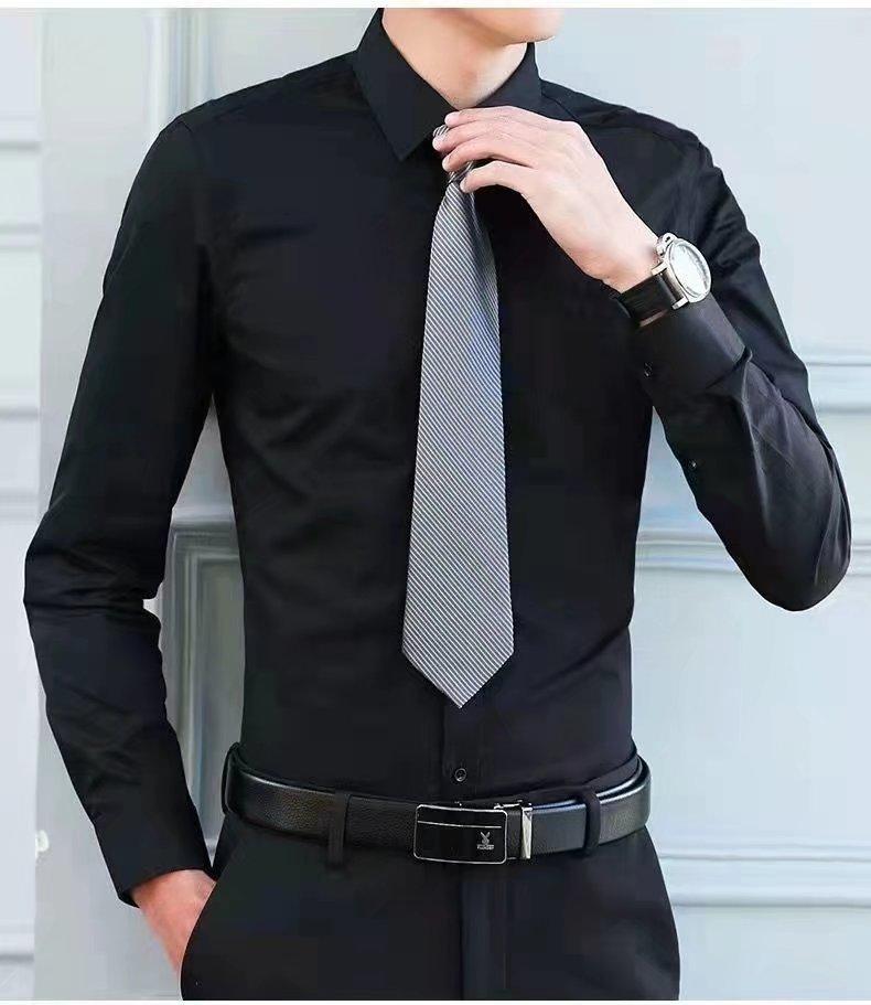 Sommer-Taschen-Langarm-weißes Hemd für Herren, dünn, Geschäft, professionelle formelle Kleidung, langärmelig, Trend 2025, neues Hemd Zoll: M / Schwarz