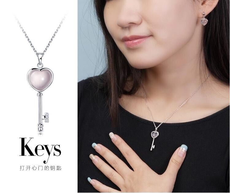 Nowy przyjazd moda miłość serce klucz różowy opal klejnot kamień 925 srebro panie wisiorek naszyjniki biżuteria prezent boże narodzenie