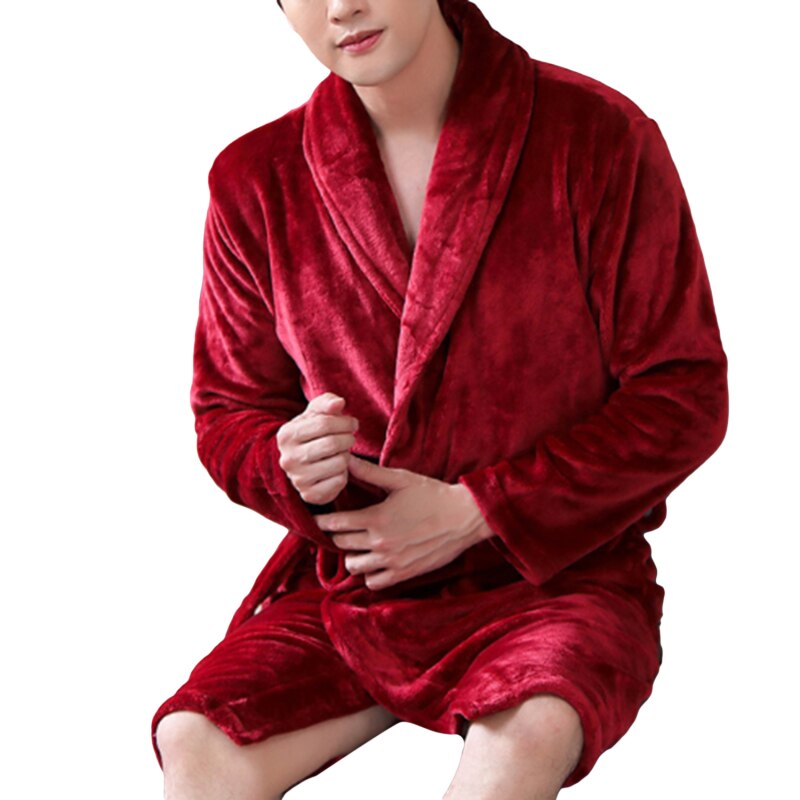 Men Casual Kimono Bathrobe Autumn Winter Flannel Long Robe Thick Warm Sleepwear Nightgown Male Loose Home Wear: wine red