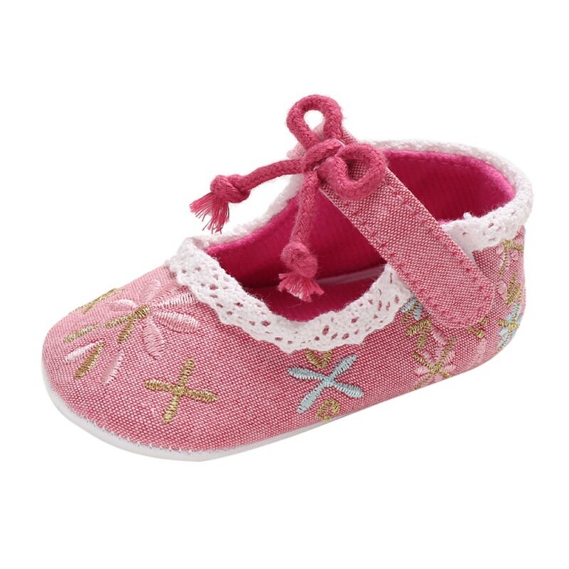 Baby Girl First Walkers Cartoon Floral Embroidery Soft Sole Baby Crib Shoes With Bowknot 0-18M: Red / 0-6 Months