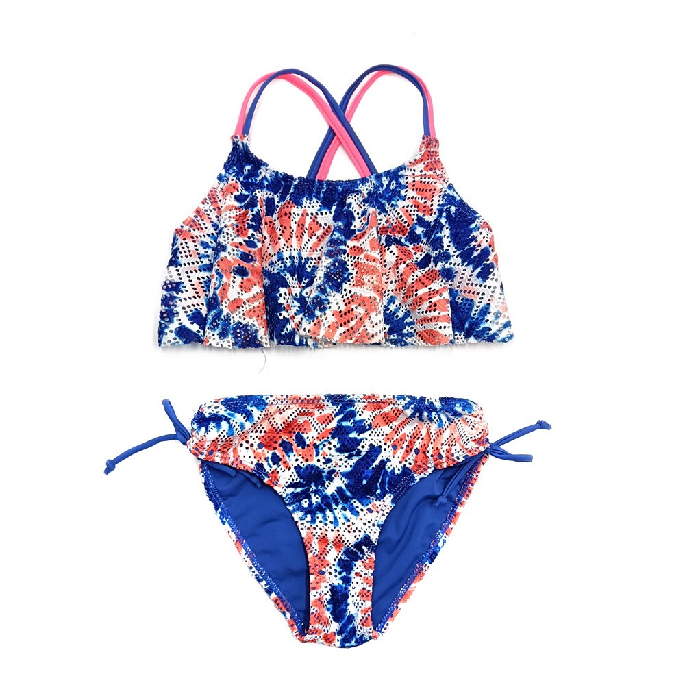 Mädchen Rüschen Volant Druck Häkeln Teenager Mädchen Bikini Krawatte Seite Boden Höhlen Zurück Kreuzmuster Zwei Stück Badeanzüge Bademode: Blau-LH / 12-14