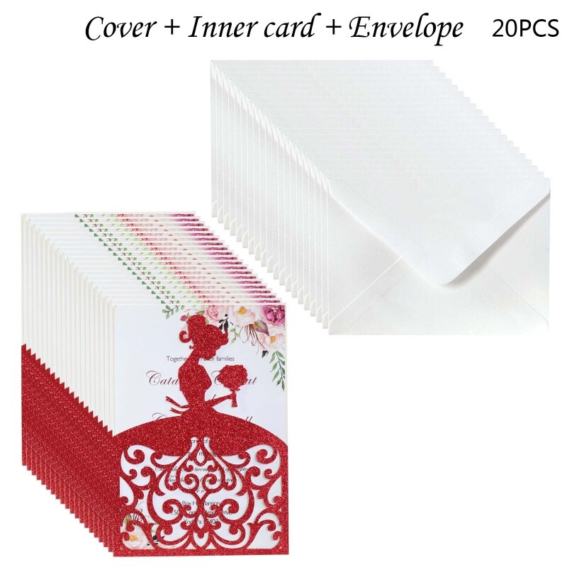 20pcs/set Wedding Invitations Cards Glitter Girl Greeting Card Invite Envelopes 67JB