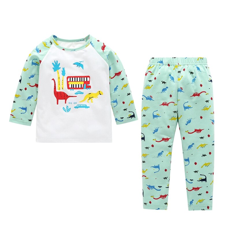 Children Boys Girls Dinosaur Print Sleepwear Sets Long Sleeve T Shirts Long Pants Cute Casual Homewear Cartoon Knitted Cotto: Light green 3-4T