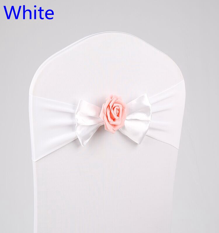 Wit Kleur Lycra Stoel Sjerp Vlinder Strikje Met Rose Bal Voor Bruiloft Stoelen Decoratie Spandex Band Stretch Vlinderdas