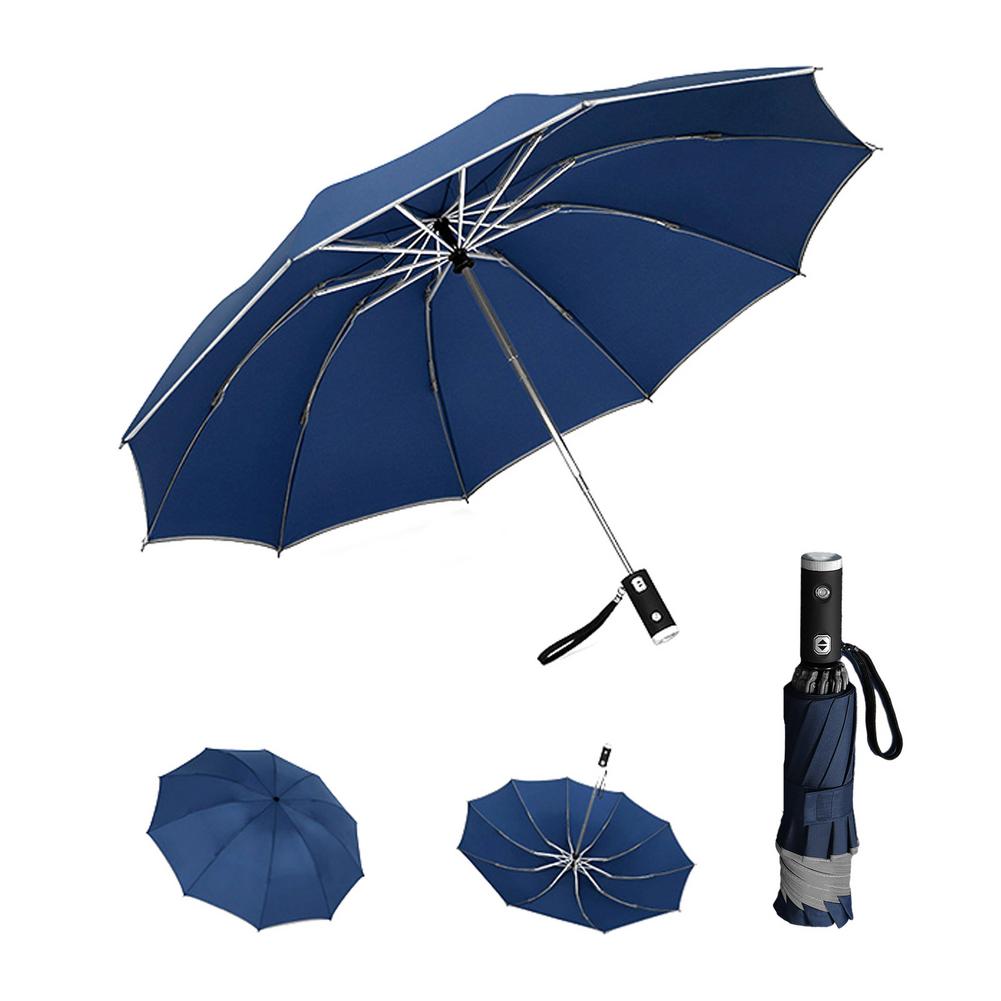 Automatic Reverse Folding Umbrella LED Reflective Strip Automatic Umbrella Flashlight Three-fold Windproof Car Business Umbrella
