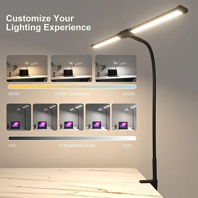 Lampada da scrivania a LED con clip a doppia testa, 3 modalità di luminosità, adattatore USB regolabile, adatto per leggere, studiare, monitor per pianoforte, ufficio