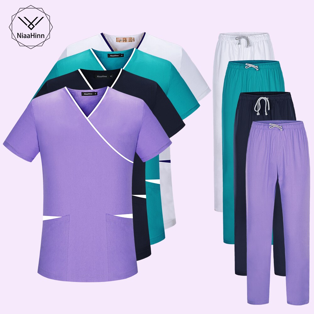 Mężczyźni i kobiety V-neck Spa mundury topy + spodnie garnitury fartuch laboratoryjny służba zdrowia praca Scrubs odzież robocza krótkie rękawy scrubs Uniform