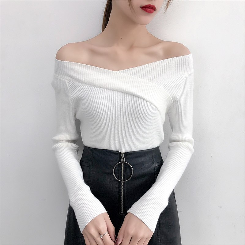 V-ringad tvinnad ryggtröja dam tröjor hösttröjor casual toppar långärmade stickade tröjor off shoulder pull femme: Vit