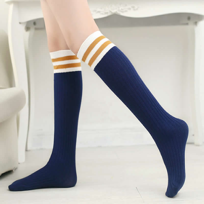 Parent-child socks knee high big girl cotton heap socks parallel bars stripe child infan two poles for straight knee sock infant: blue bar