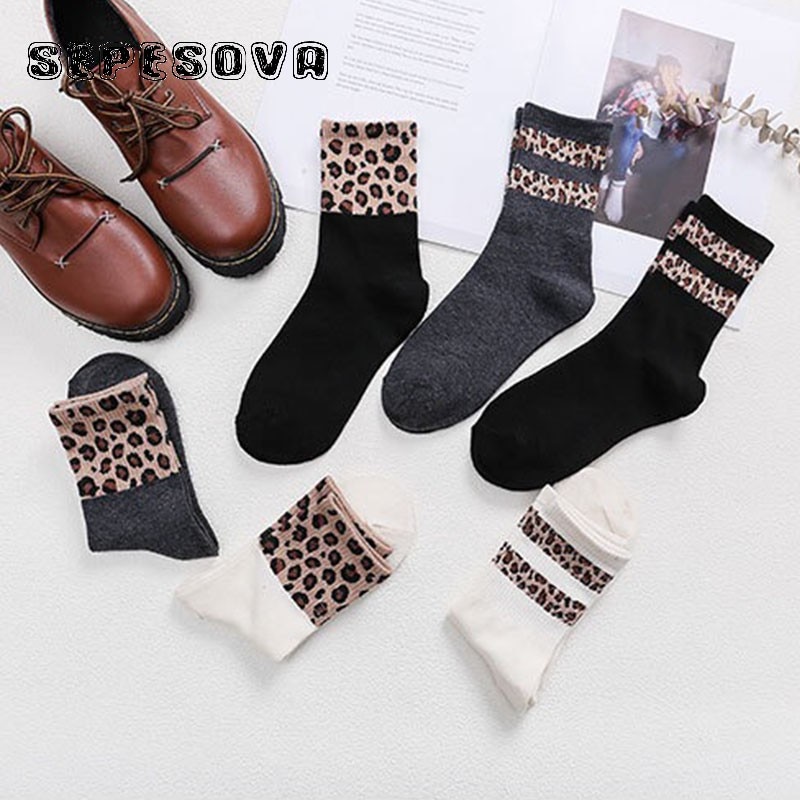 Womens Leopard Sokken Spikkel Streep Zwarte Winter Warme Korte Sok Trend Stijlvolle Blend Casual Elastische Slijtage Vrouw Comfortabele Sox