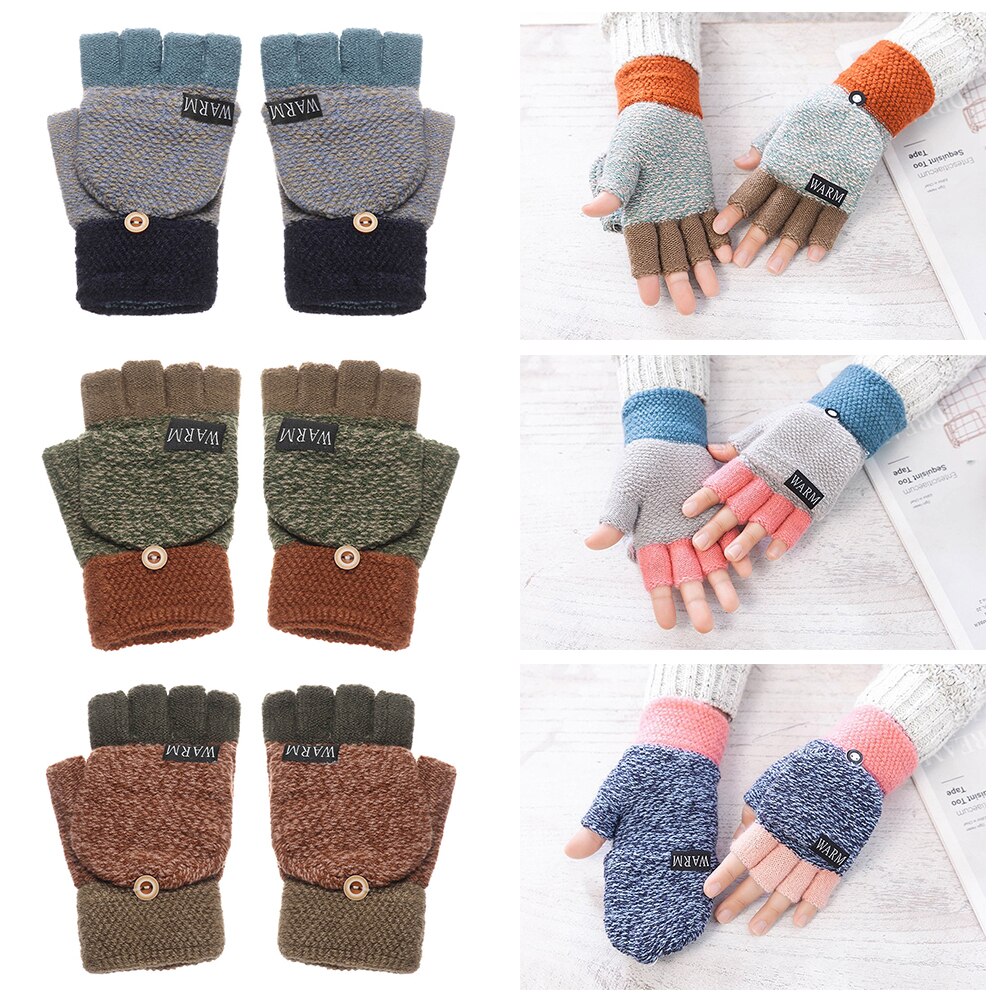 Flexible Dual-use Exposed Finger Thick Gloves Unisex Winter Warm Thickening Wool Mittens Knitted Flip Top Fingerless Gloves