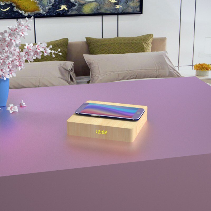 Træ ledet elektrisk vækkeur bordur med telefonoplader trådløst bordur moderne desktop digital ur qi opladning