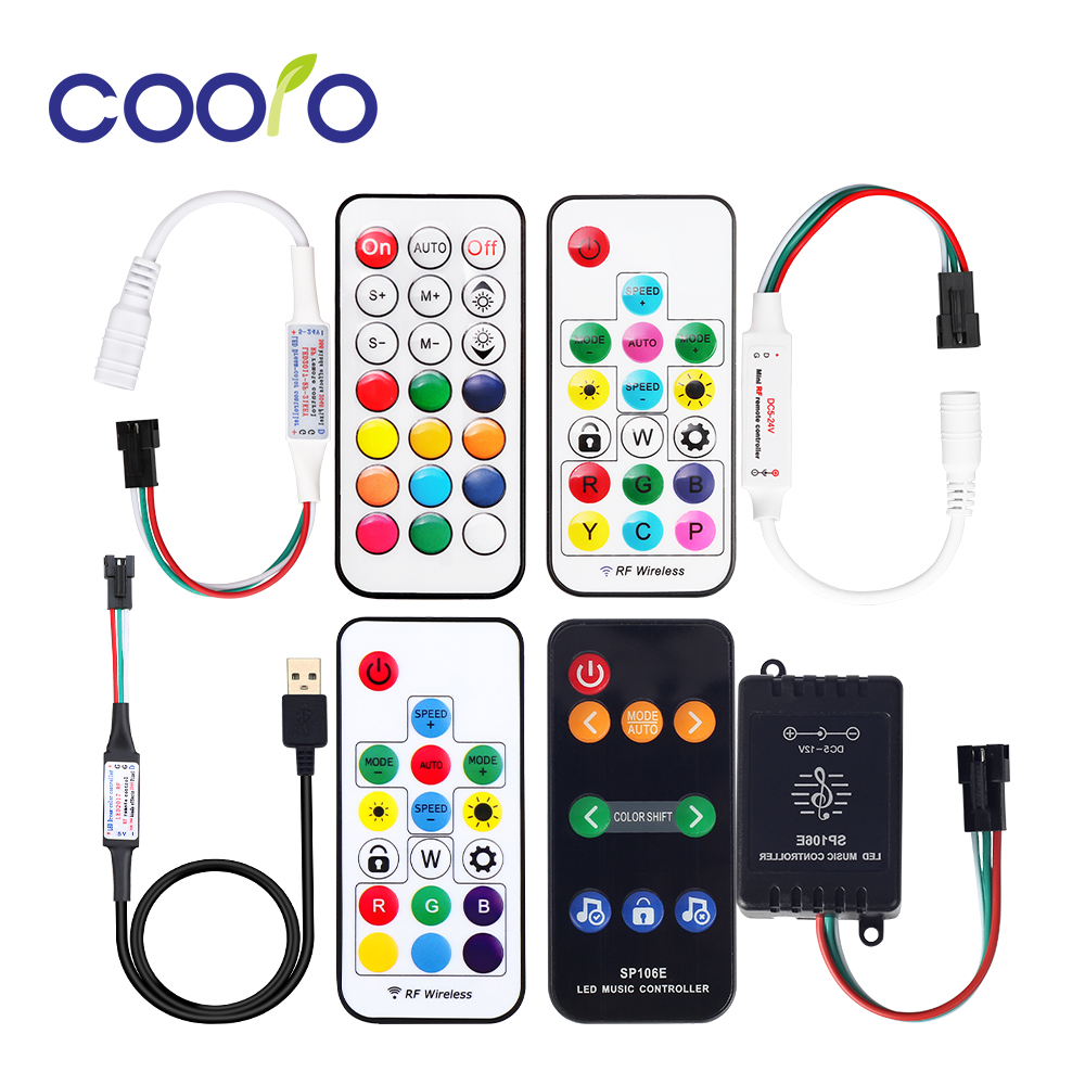 Minicontrolador de aplicación Bluetooth para WS2811 WS2812B, 5-24V, 3 teclas, RF, 17 teclas, 21 tira de píxeles LED, Controlador de luz, USB, 17 teclas, SP110E