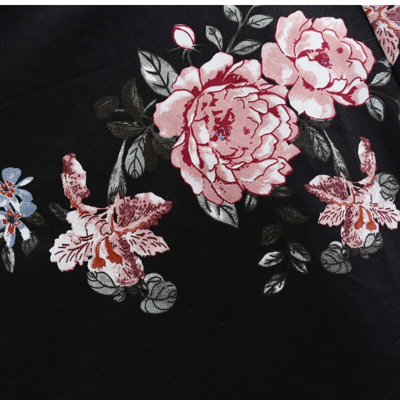 Tonval Plus Size Vrouwen Kleding Vintage 50s Rockabilly Black Midi Jurk 3/4 Lengte Mouw Herfst Dames Elegante Bloemen Jurken