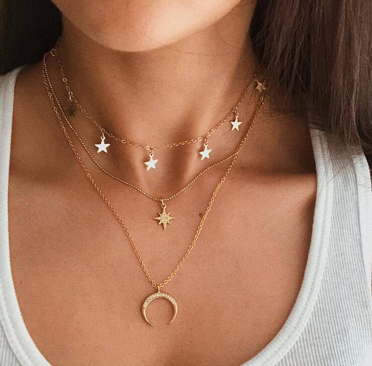 Neue Bohemien Multi geschichtet Halskette für Frauen Sterne mond Jahrgang herz Charme Halsband Partei Anhänger Halskette Geometrische Schmuck