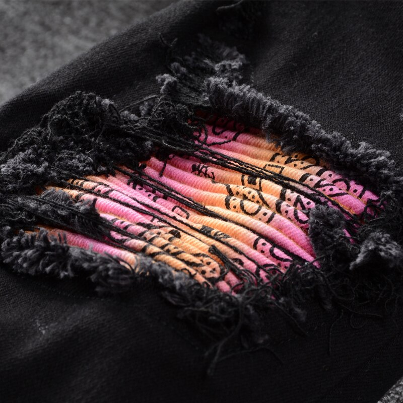Streetwear Men Jeans Black Color Patchwork Destroyed Ripped Jeans Men Elastic Punk Pants Hip Hop Skinny Jeans Homme