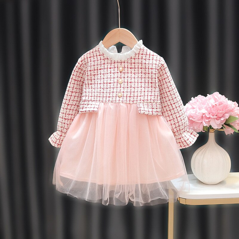 Meisjes Voorjaar Jurken Plaid Patchwork Mesh Prinses Baby Jurk Kinderen Kleding Lange Mouw Zoete Roze Voor Lente En Herfst: P / 110