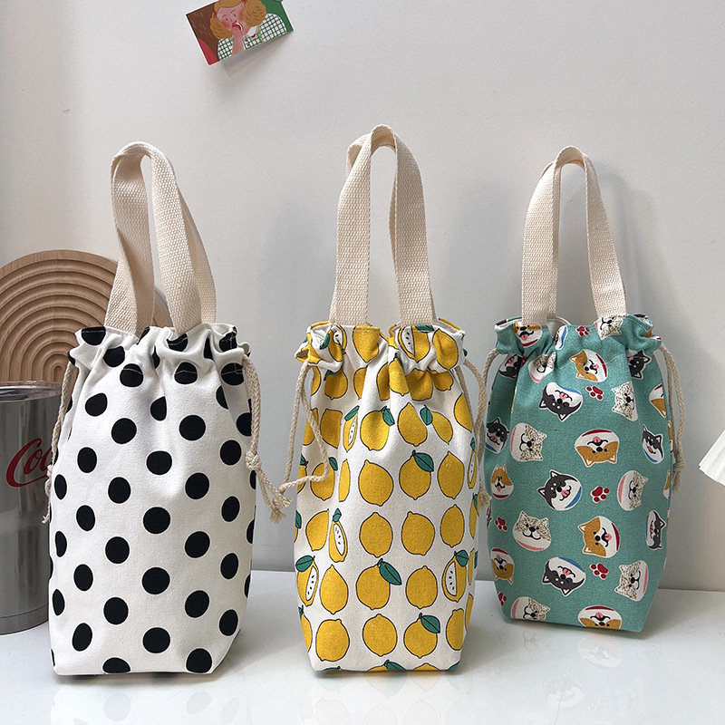 Draagbare Canvas Isolator Hoes Tas Thermoszak Cartoon Foto 'S Sluiting Trekkoord Opbergtas Vacuüm Cup Set