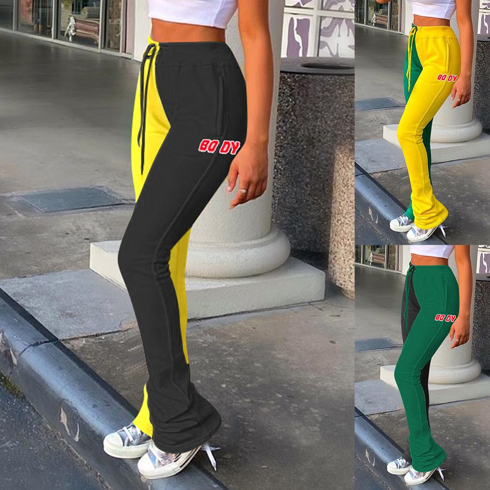 Winter Herfst Kleur Stiksels Trainingsbroek Vrouwen Flare Broek Joggers Hoge Wasit Lace Up Broek Streetwear Casual Track Pant