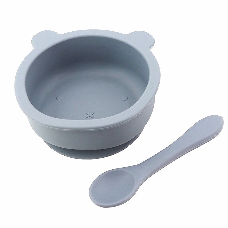 Chenkai 5Set 9 Color Baby Feeding Bowl Bear Shape Food Grade Silicone Anti-Flip Suction Tableware Infant Waterproof Bowl Spoon: Deep Grey