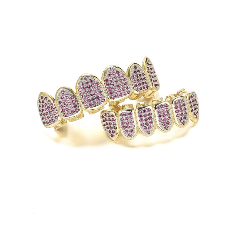 oDomi Grillz Set - Rose Gold Color Hip Hop Fang Caps - Zirconia Top & Bottom - Men's Body Jewelry
