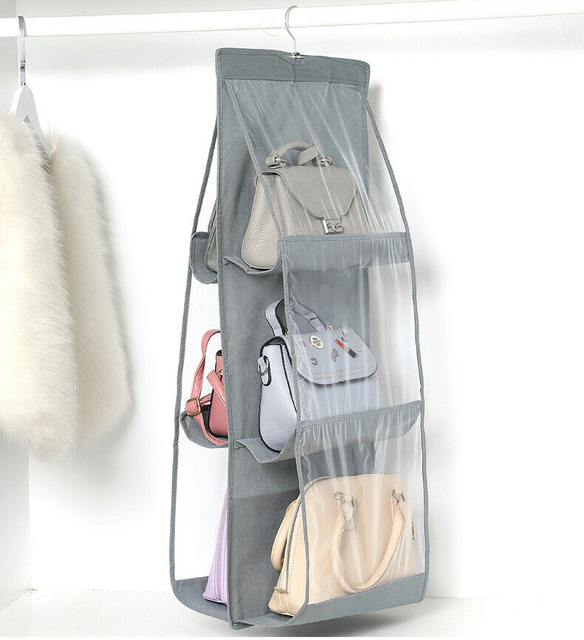 6 Pocket Folding Hanging Handbag Purse Storage Large Clear Holder Anti-dust Organizer Rack Hook Hanger Rack Bag: Grijs