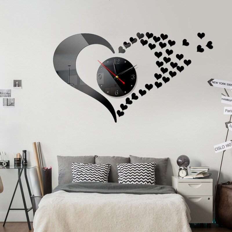 Reloj de pared 3D con forma de corazón, , acrílico, Digital, grande, para sala de estar, pegatinas de espejo, decoración moderna para el hogar: Black