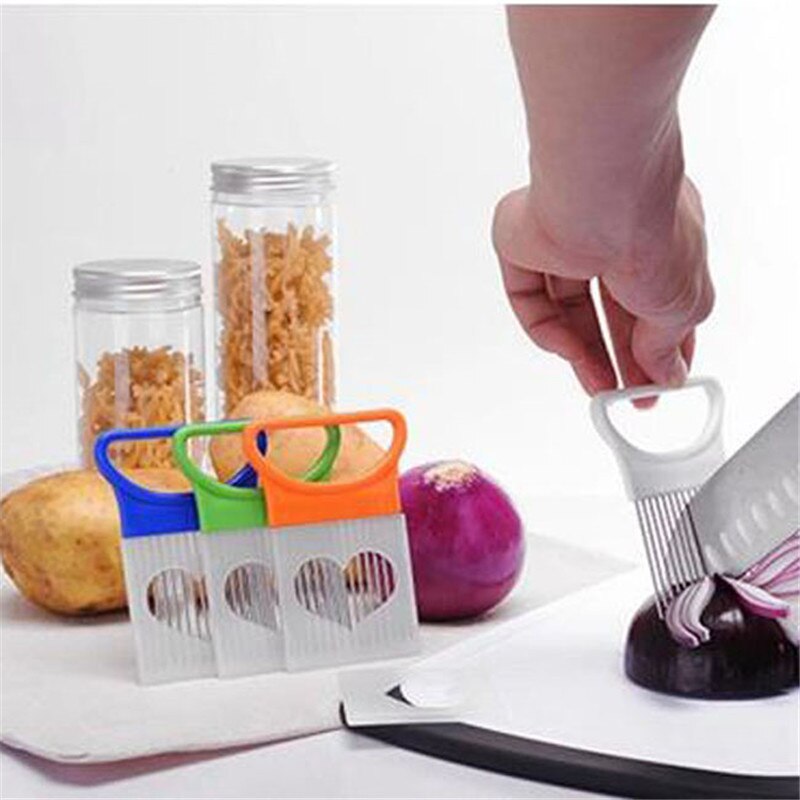 Convenient Kitchen Helper Onion Tomato Holder Safe Fork Vegetables Slicer Cutter Mental Needle Guide Slicing Fruit Cutter Gadget